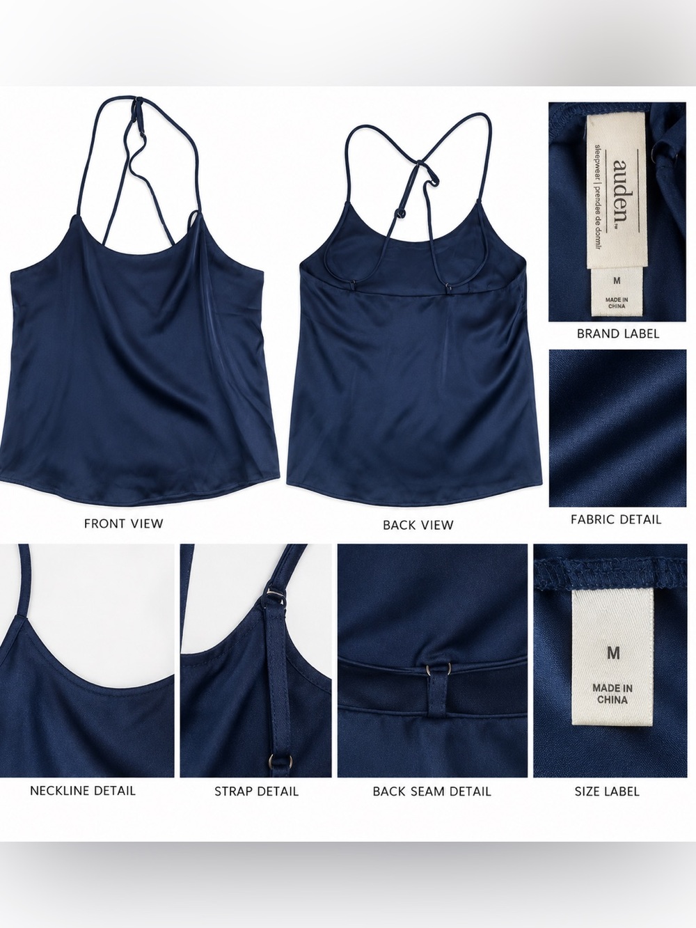 Auden Navy Satin Slip Camisole with Adjustable Straps